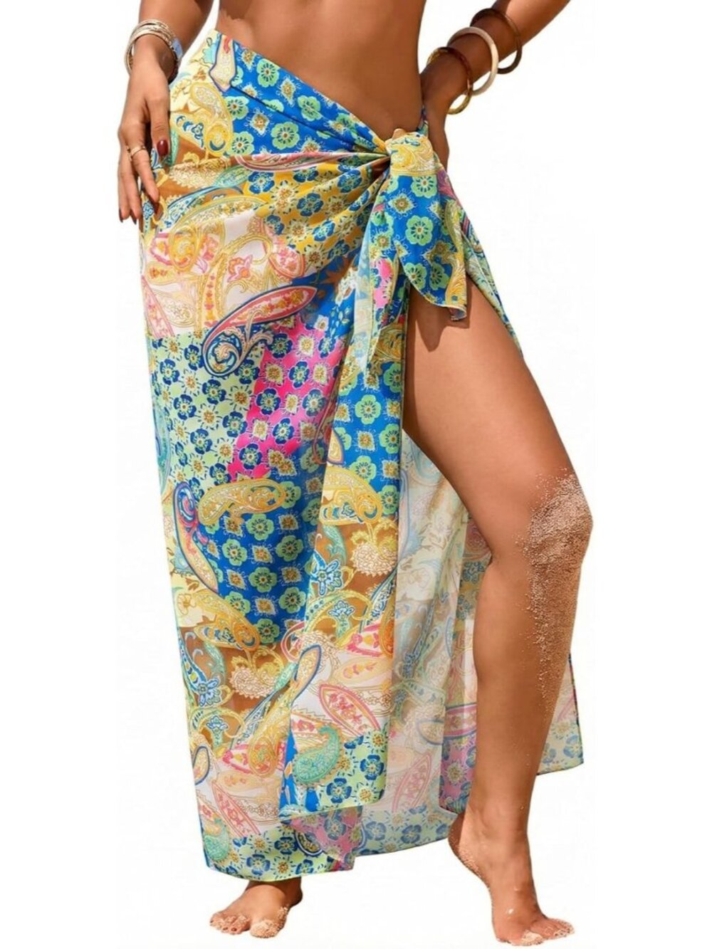 Women's Paisley Floral Print Chiffon High Slit Summer Beach Coverup Sheer Sarong
